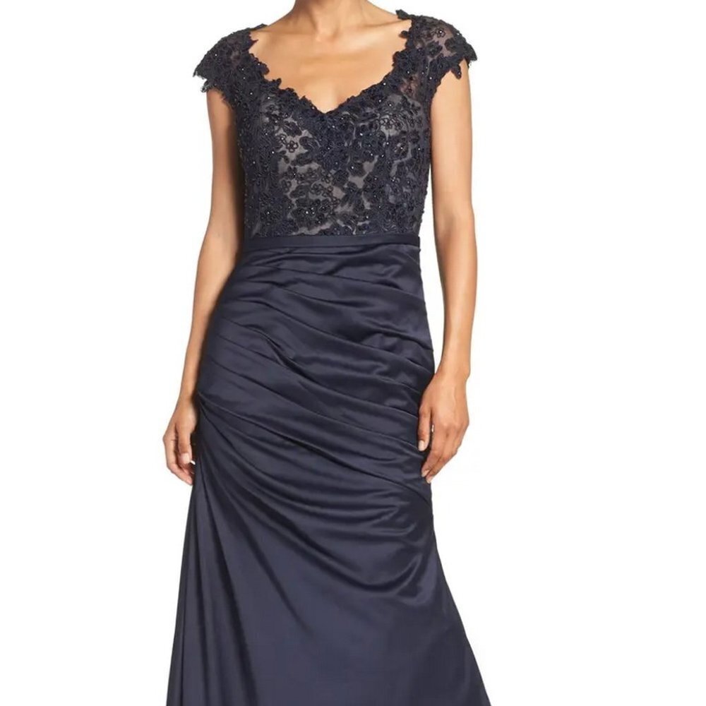 La Femme Navy Blue Embellished Lace & Satin Trumpet Gown